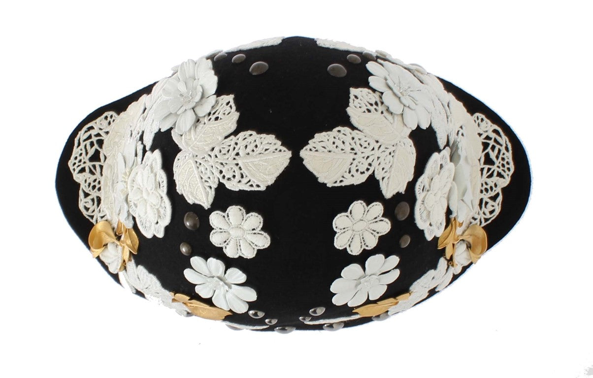 Black Wool White Floral Gold Leaf Hat