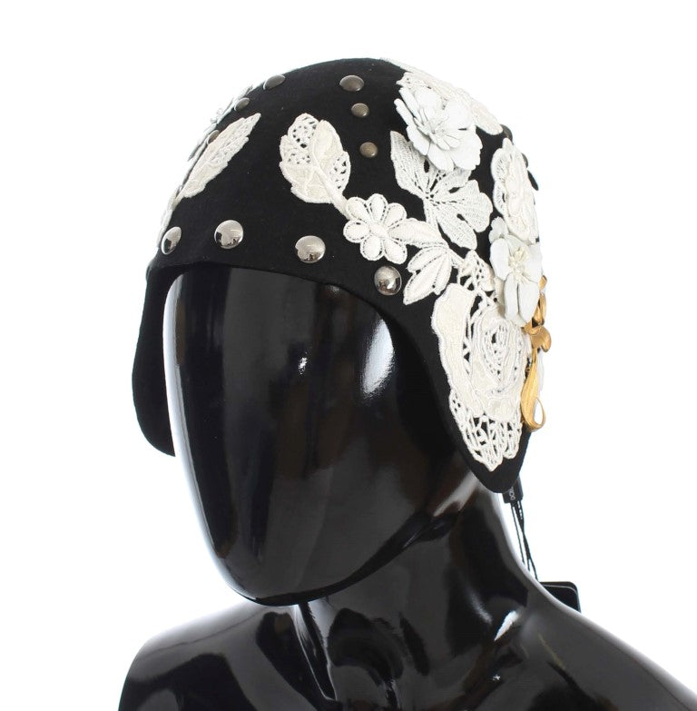 Black Wool White Floral Gold Leaf Hat