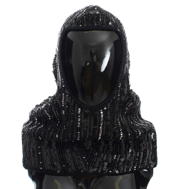 Black Knitted Sequin Hood Scarf Hat