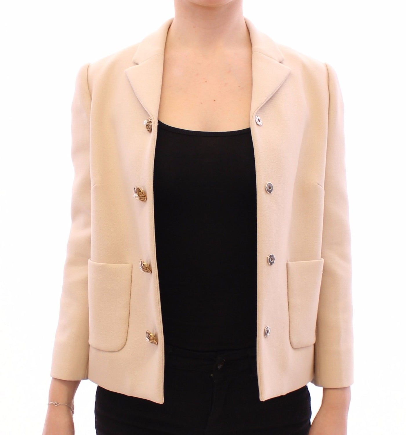 Beige Wool Pearl Button Jacket Blazer Coat