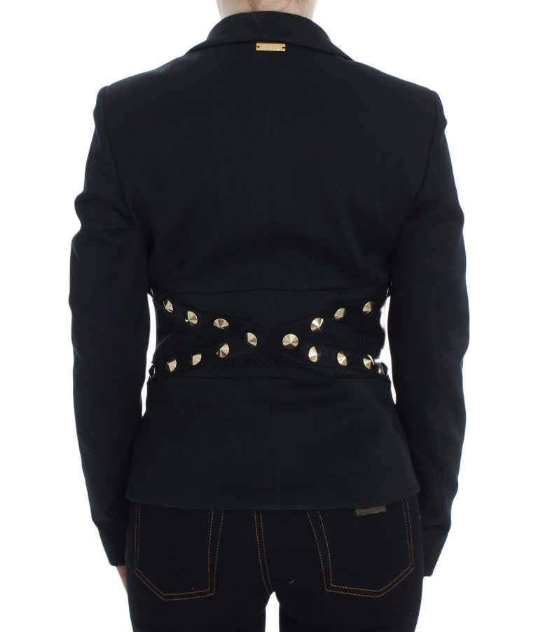 Black Cotton Stretch Gold Studded Blazer Jacket