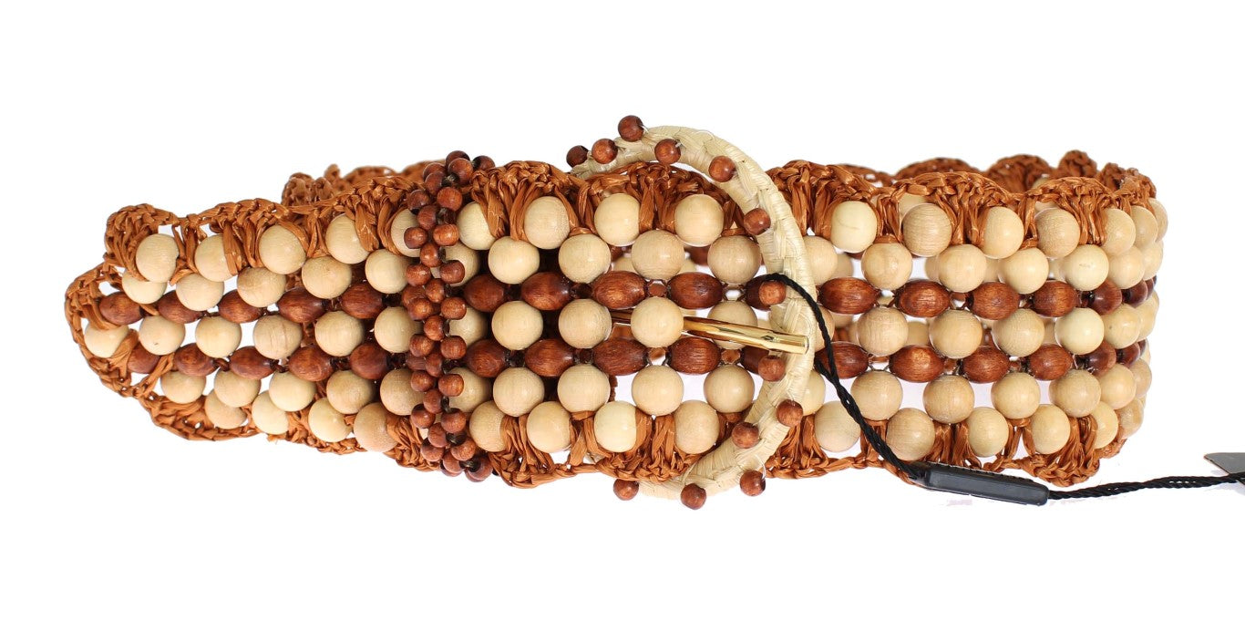 Brown Raffia Wood Beaded Wide Waist Belt