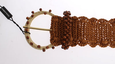 Brown Raffia Wood Beaded Wide Waist Belt