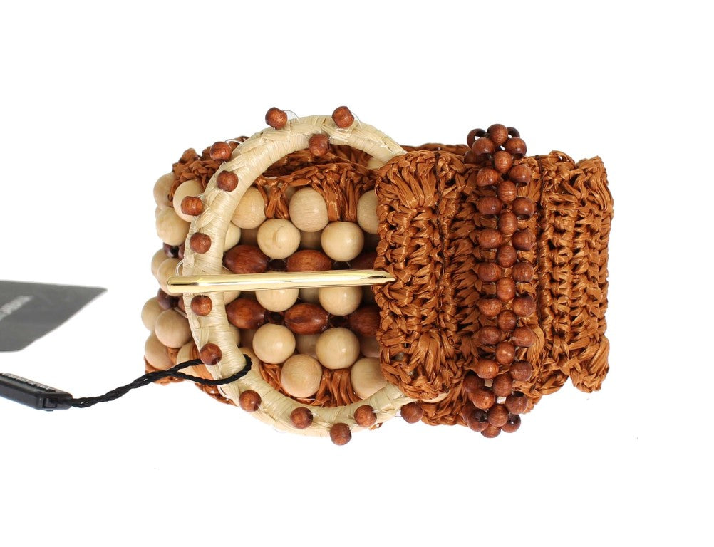 Brown Raffia Wood Beaded Wide Waist Belt