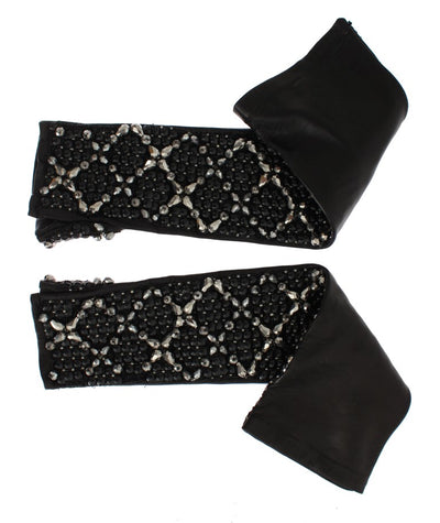 Black Leather Crystal Beaded Finger Free Gloves