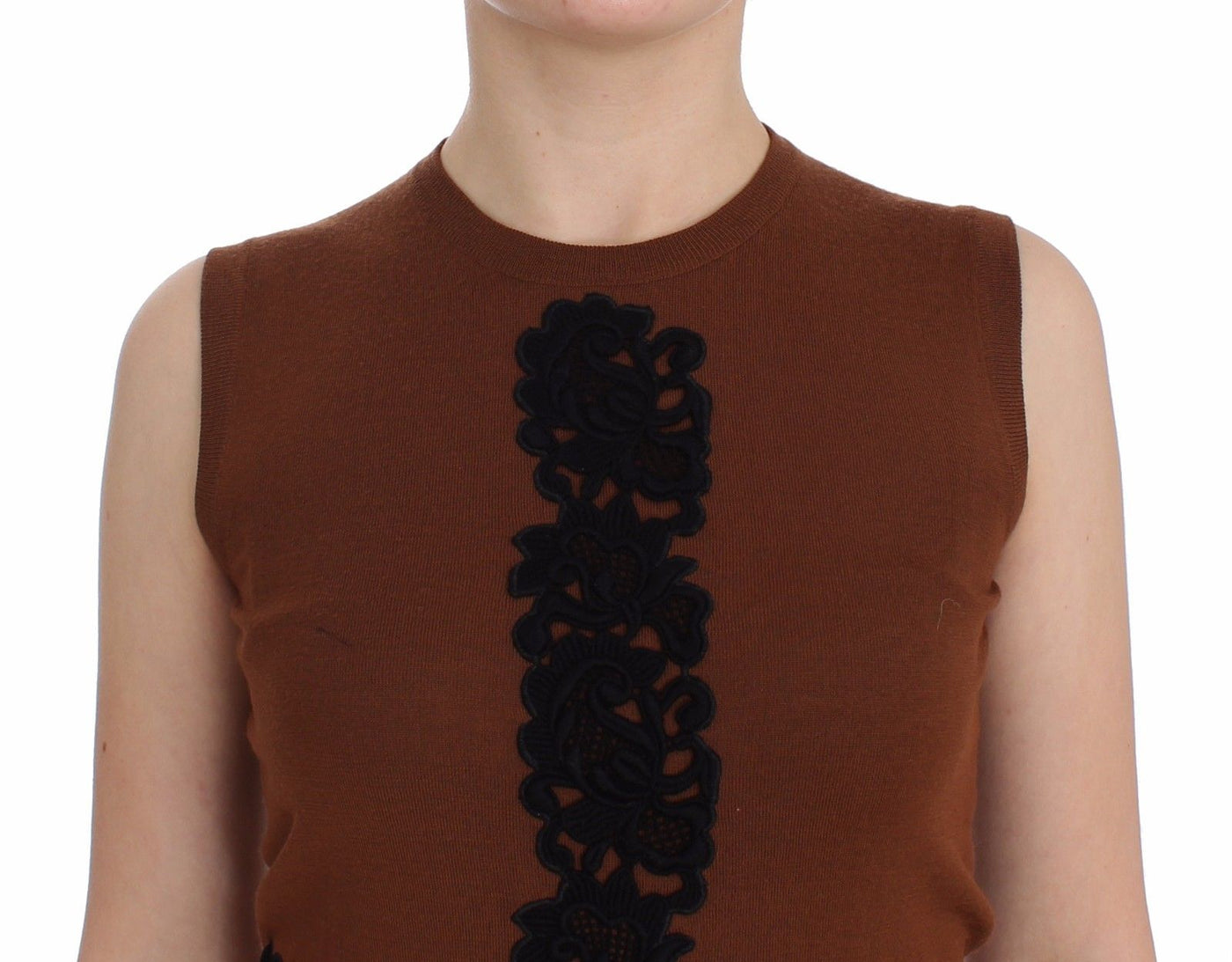 Brown Wool Black Lace Vest Sweater Top