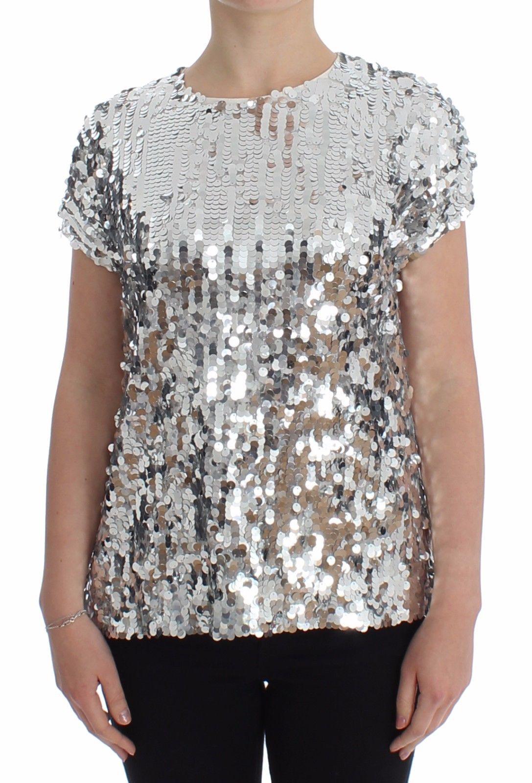 Silver Sequined Crewneck Blouse T-shirt Top