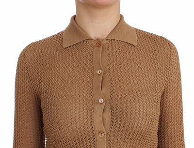 Beige Knitted Cotton Polo Cardigan Sweater