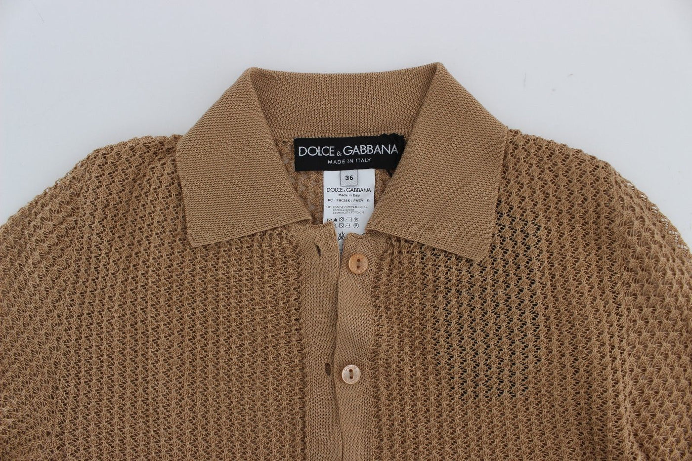 Beige Knitted Cotton Polo Cardigan Sweater