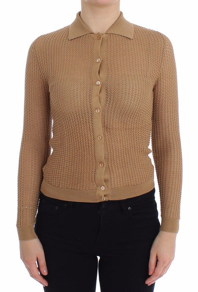 Beige Knitted Cotton Polo Cardigan Sweater