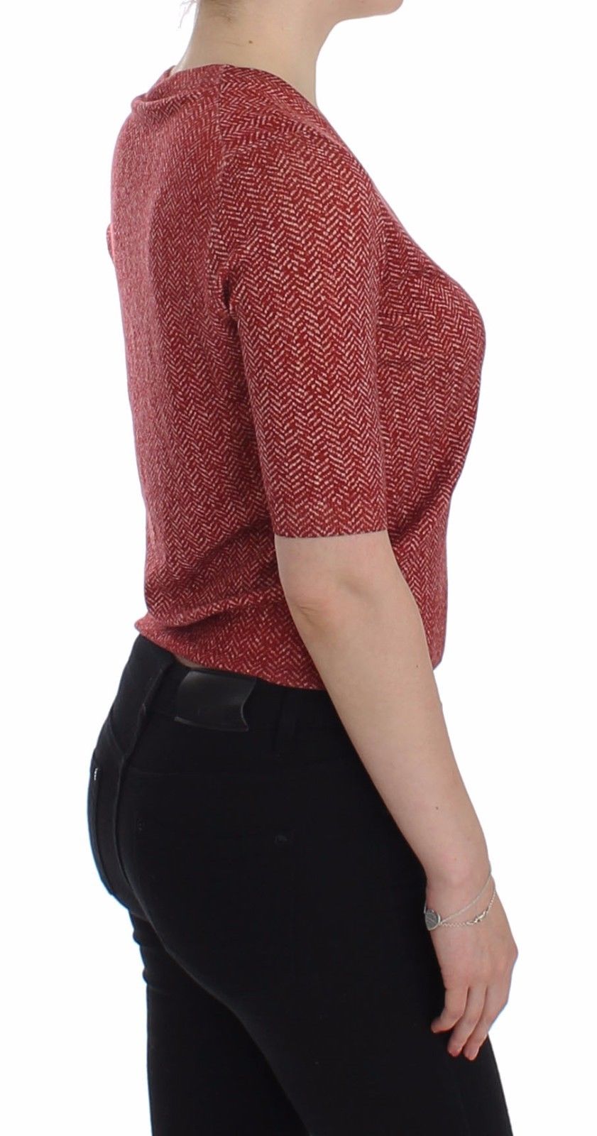 Red Wool Tweed Short Sleeve Sweater Pullover