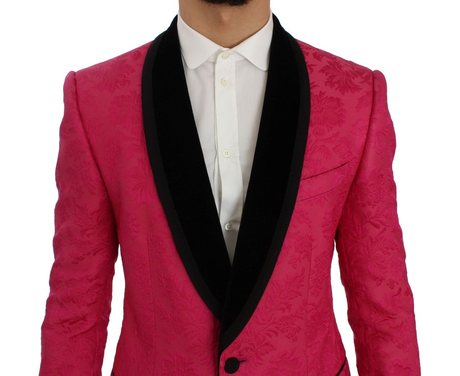 Pink Floral Brocade Slim Blazer Jacket