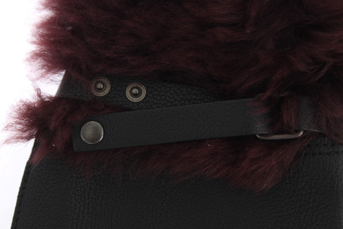 Black Leather Bordeaux Shearling Gloves