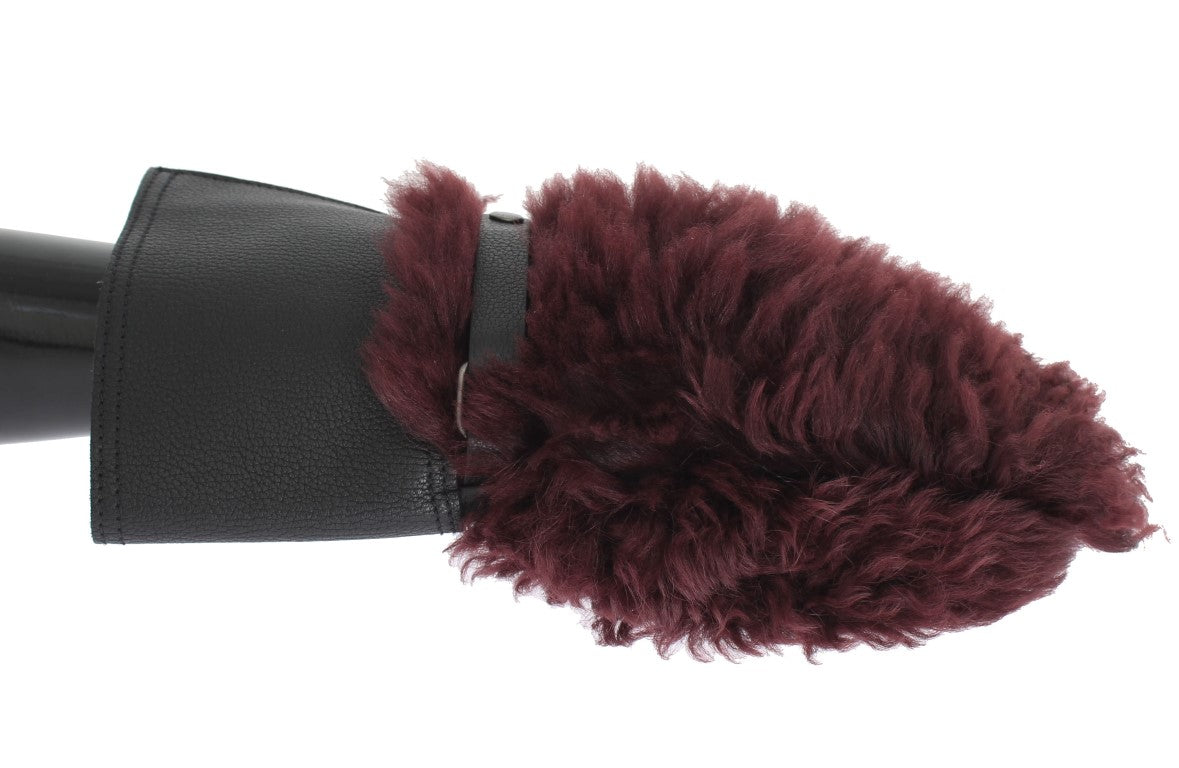 Black Leather Bordeaux Shearling Gloves