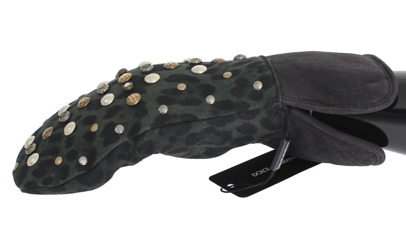 Gray Wool Shearling Studded Green Leopard Gloves