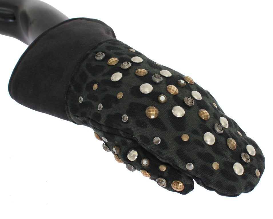 Gray Wool Shearling Studded Green Leopard Gloves