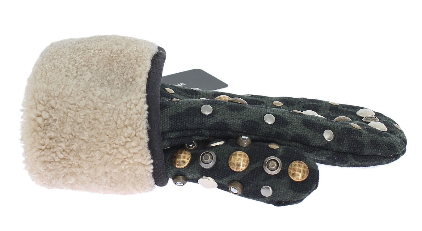 Gray Wool Shearling Studded Green Leopard Gloves