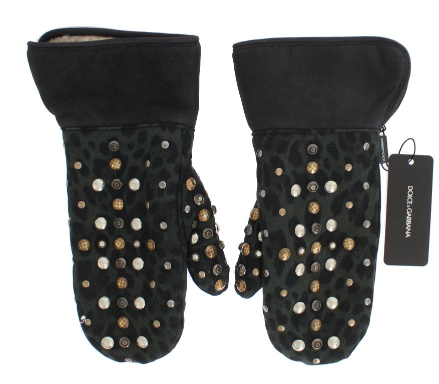 Gray Wool Shearling Studded Green Leopard Gloves