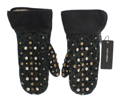 Gray Wool Shearling Studded Green Leopard Gloves