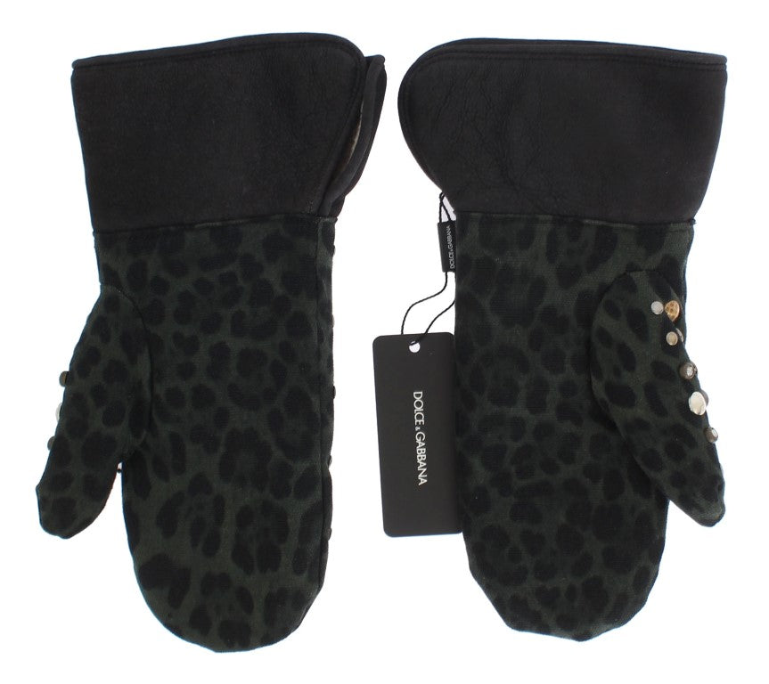 Gray Wool Shearling Studded Green Leopard Gloves