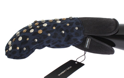 Gray Wool Shearling Studded Blue Leopard Gloves