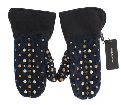 Gray Wool Shearling Studded Blue Leopard Gloves