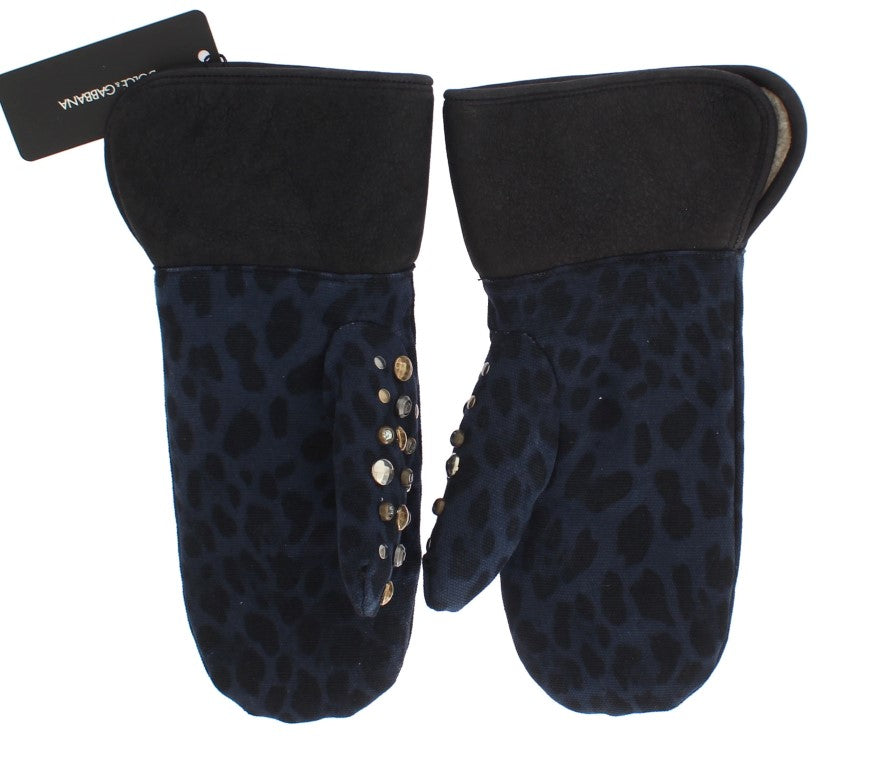 Gray Wool Shearling Studded Blue Leopard Gloves