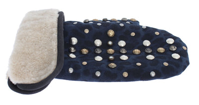 Gray Wool Shearling Studded Blue Leopard Gloves