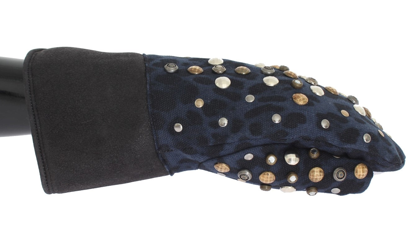 Gray Wool Shearling Studded Blue Leopard Gloves