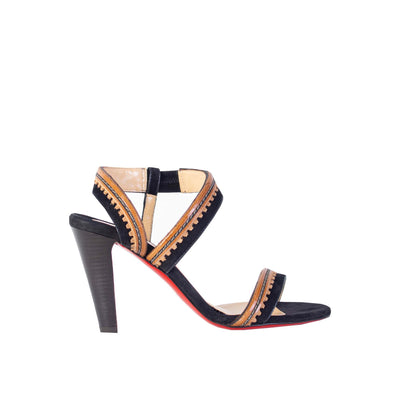 Black Leather Heel Embroidery Sandals