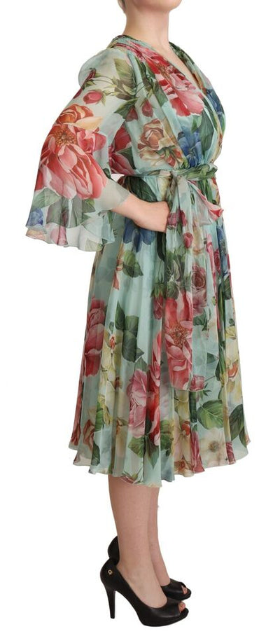 Multicolor Green Floral Silk Wrap Midi Dress