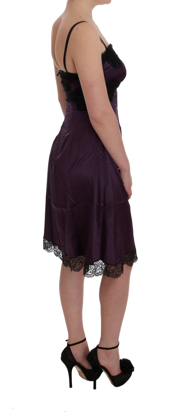 Purple Silk Stretch Black Lace Dress