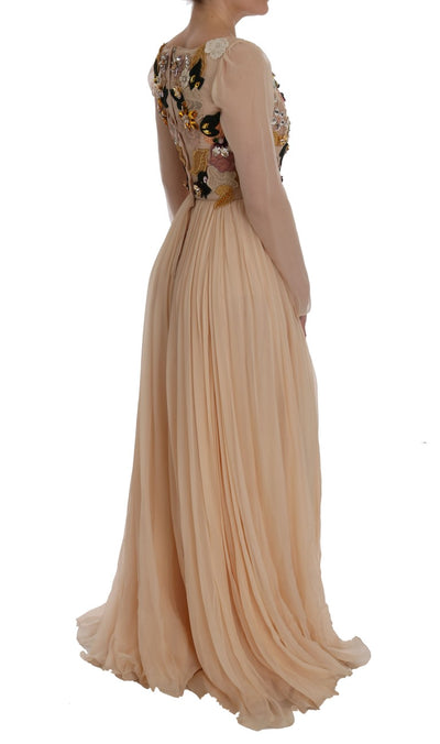 Pink Silk Floral Crystal Maxi Gown Dress