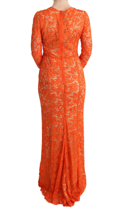 Orange Floral Ricamo Sheath Long Dress