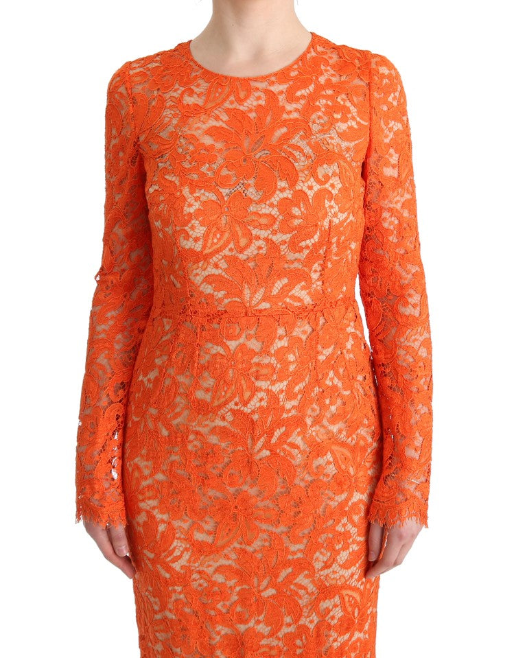 Orange Floral Ricamo Sheath Long Dress