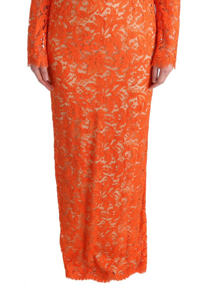 Orange Floral Ricamo Sheath Long Dress