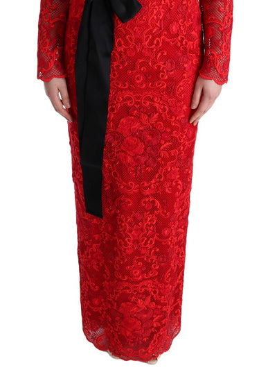 Red Floral Ricamo Sheath Long Dress