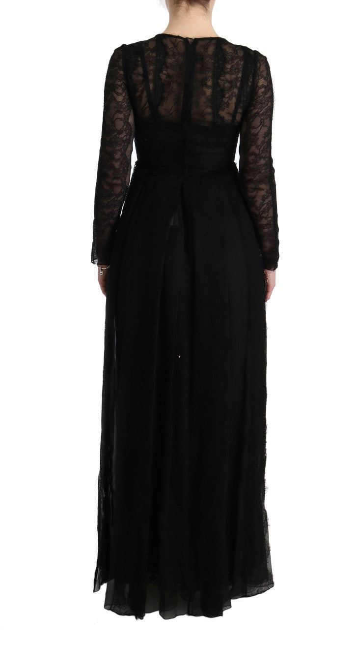 Black Floral Lace Sheath Silk Dress