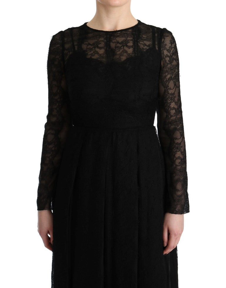 Black Floral Lace Sheath Silk Dress