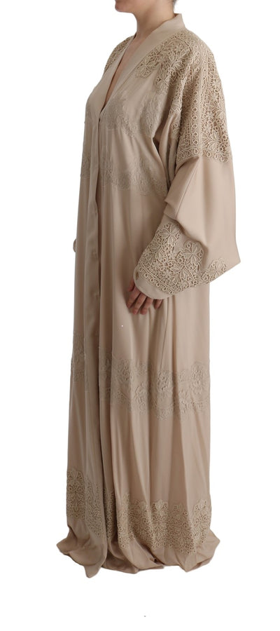 Beige Floral Applique Lace Kaftan Dress