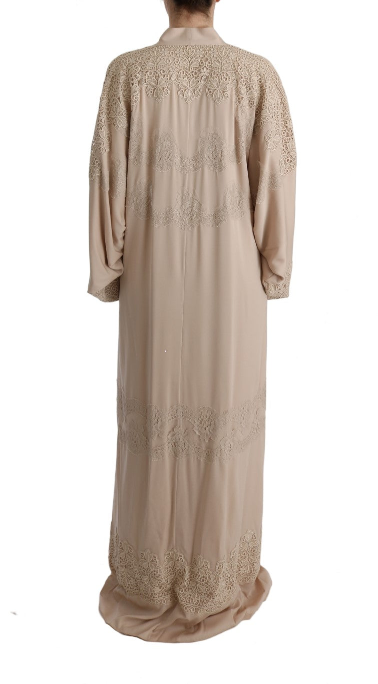 Beige Floral Applique Lace Kaftan Dress