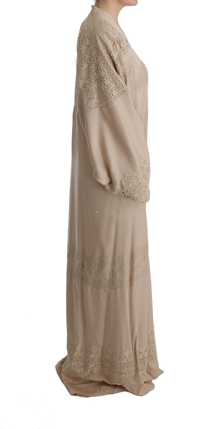 Beige Floral Applique Lace Kaftan Dress