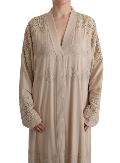 Beige Floral Applique Lace Kaftan Dress