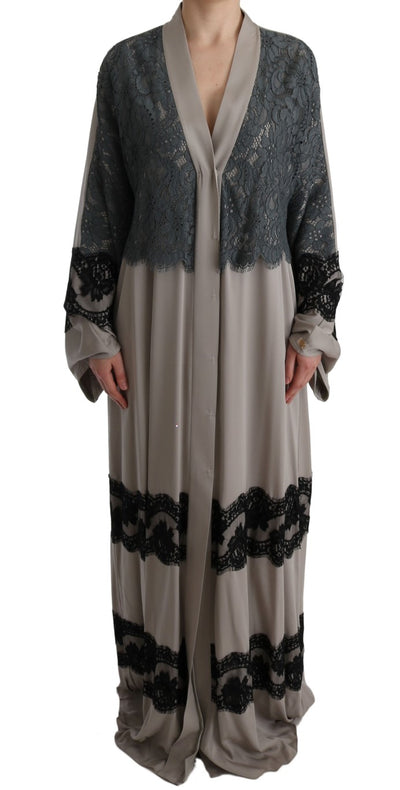 Gray Floral Applique Lace Kaftan Dress