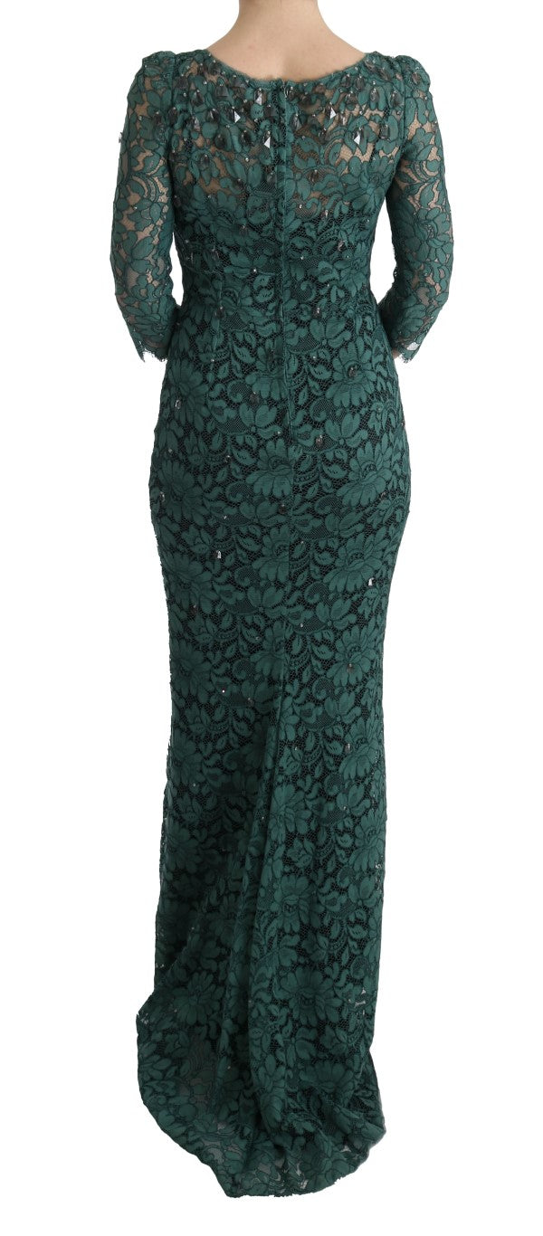 Green Floral Crystal Ricamo Sheath Dress