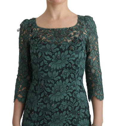 Green Floral Crystal Ricamo Sheath Dress