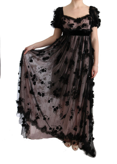 Black Pink Silk Applique Shift Dress