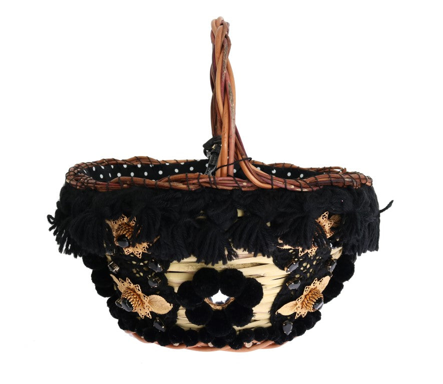 Beige Straw Snakeskin Pom Pom Crystal AGNESE Bag