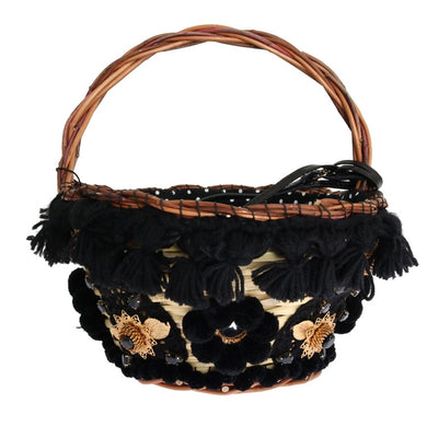 Beige Straw Snakeskin Pom Pom Crystal AGNESE Bag