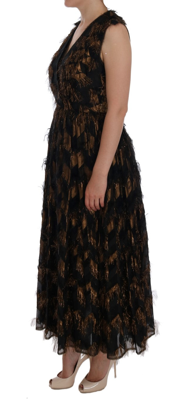 Black Silk Brown Fringes A-Line Dress